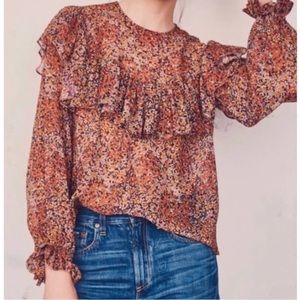 LoveShackFancy Silk Micro Floral Ruffle Bloomcore Button Back Prairie Blouse Top